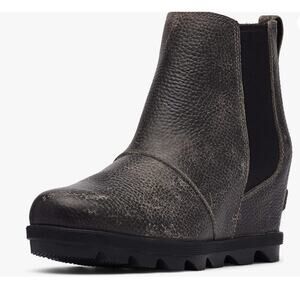 Sorel Joan Chelsea Bootie 9.5 Wedge Ankle Boot Quarry Gray Black Leather
